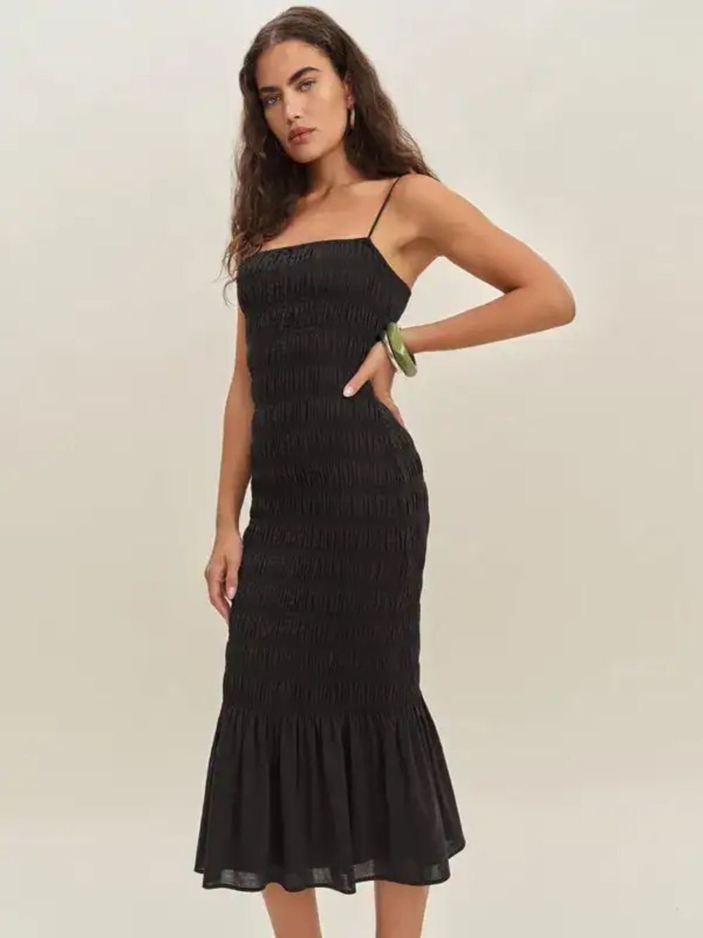 Reformation Seren Dress Black Spaghetti-Strap Midi Ruffled Hem Size 10 DL3